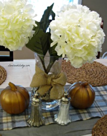 Fall Centerpiece with Target Pumpkins (Hydrangeas are from Pier 1 and vase is Crate & Barrel